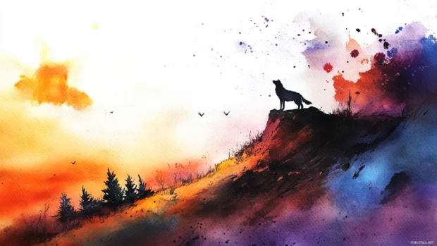 Watercolor sketch of a lone wolf standing on a rock above a pine valley at sunrise.