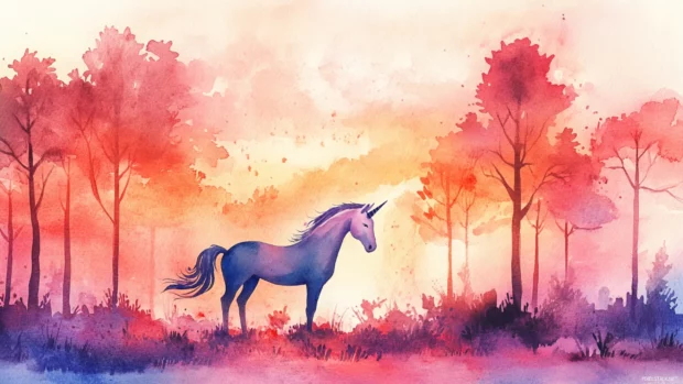 Watercolor trees gently surrounding a Unicorn at dawn.