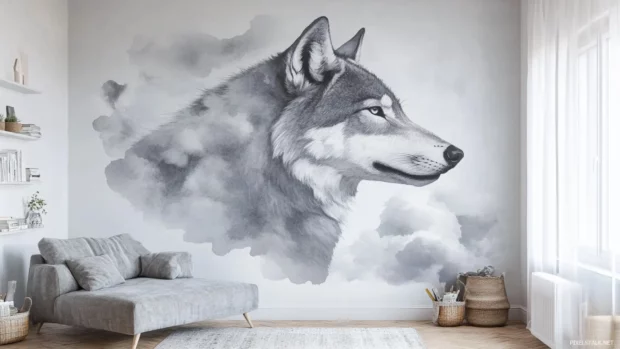 Watercolor wolf wallpaper with a minimalist wolf profile in soft greys and cloudy blues.