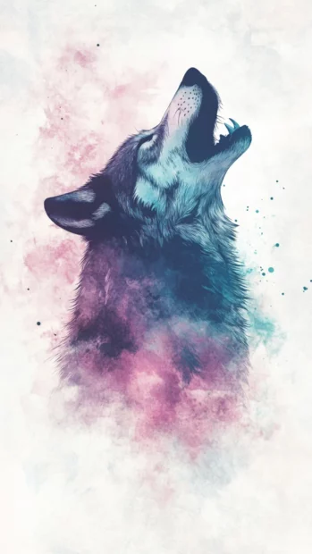 Watercolor wolf wallpaper with soft pink and teal ink washes forming a howling wolf silhouette.