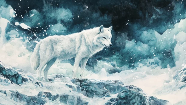 Watercolor wolf wallpaper with wild brush marks surrounding a white wolf on a stormy background.