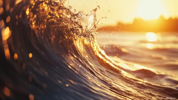 Wave crashing on shore at sunrise, golden hue on the water.