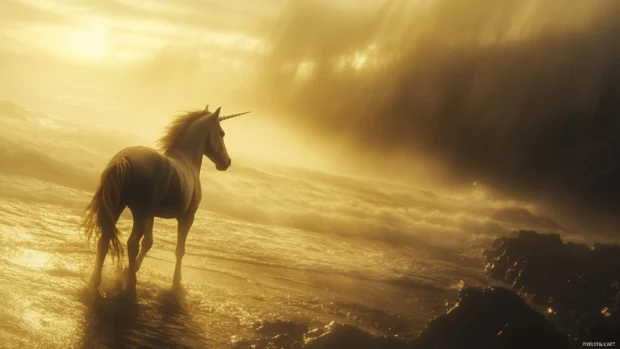 Waves of light shimmer across the scene as the unicorn walks alone.