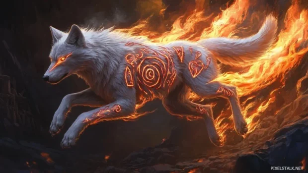 Wearing glowing tribal marks, a white wolf leaps through flames in this intense wolf action wallpaper.
