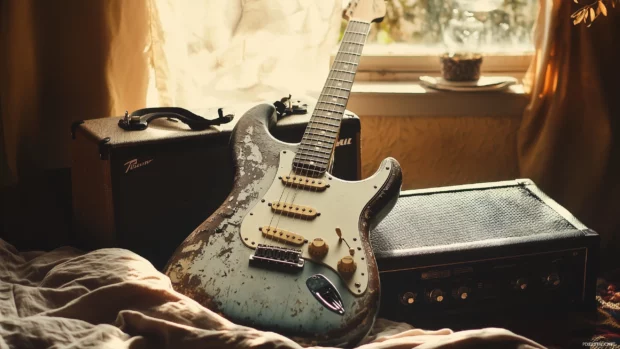 Weathered guitar serene shot resting on amplifier soft natural light nearby window relaxed rock ambiance.