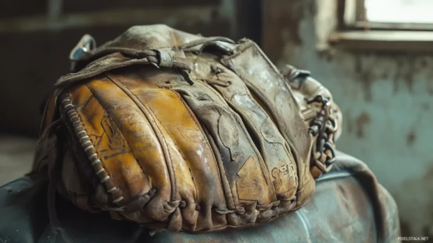Well used baseball glove on top of an old sports bag.