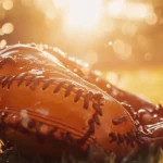Wet baseball glove drying under warm sun rays.