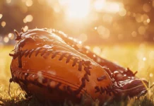 Wet baseball glove drying under warm sun rays.