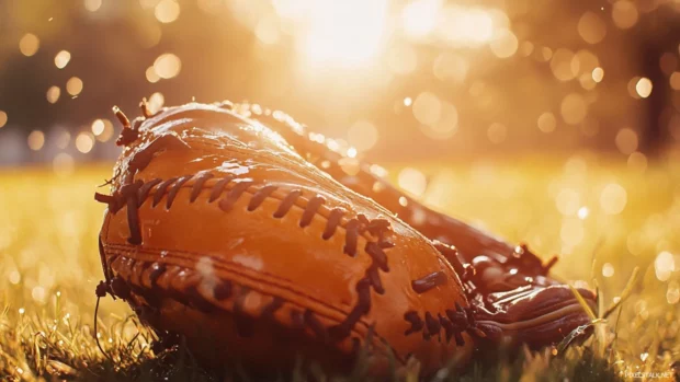 Wet baseball glove drying under warm sun rays.