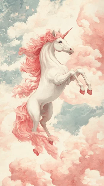 Whimsical Unicorn twirling through clouds of gentle watercolor tones.