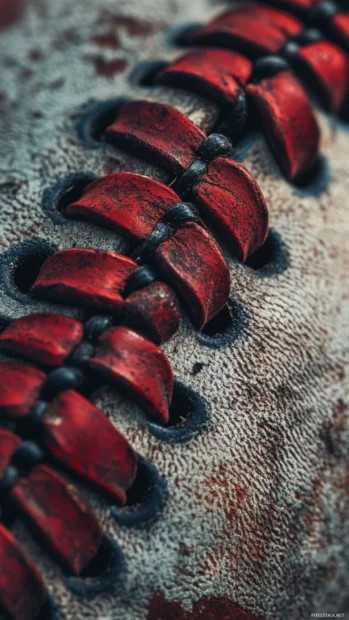 Whimsical close up of worn baseball laces aesthetic baseball wallpaper.