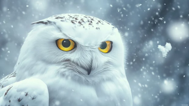White owl desktop wallpaper with intense golden eyes glowing in a soft blizzard.