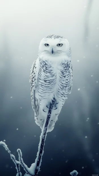 White owl mobile wallpaper featuring the owl perched vertically on a snowy branch framed by fog.