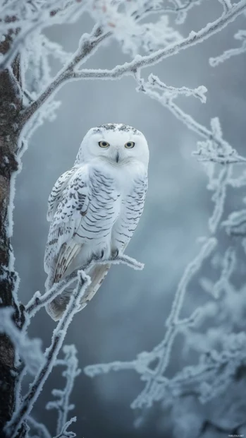White owl mobile wallpaper featuring the owl perched vertically on a snowy branch framed by fog.