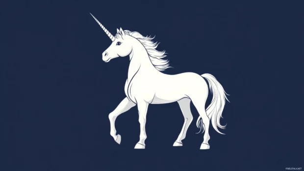 White unicorn with translucent horn on navy background.