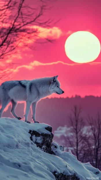 White wolf iPhone wallpaper featuring a silhouette walking along a snowy cliff beneath pink sky.