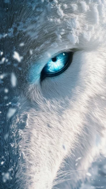 White wolf iPhone wallpaper showing a close up of a snow covered wolf face with bright eyes.
