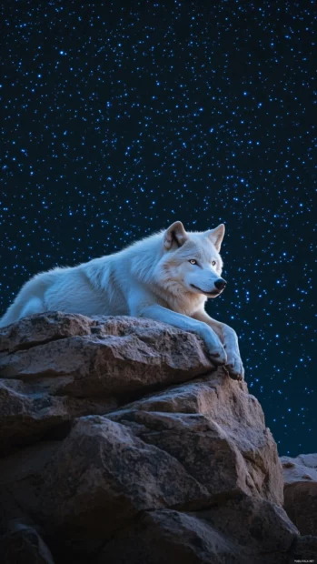 White wolf on mountain cliff under stars in wolf wallpaper.