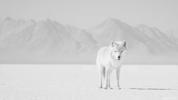 White wolf standing alone with faint mountain lines in minimalist space.