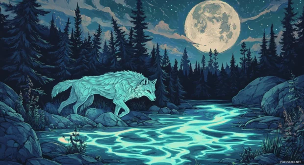 White wolf wallpaper featuring a glowing trail behind the wolf as it moves through moonlit pines.