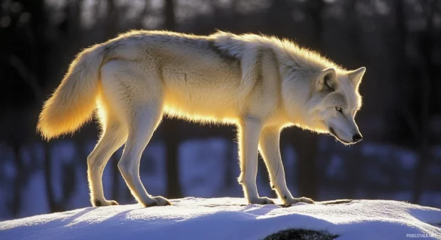 White wolf wallpaper showing a majestic wolf walking across a snowy ridge under moonlight.
