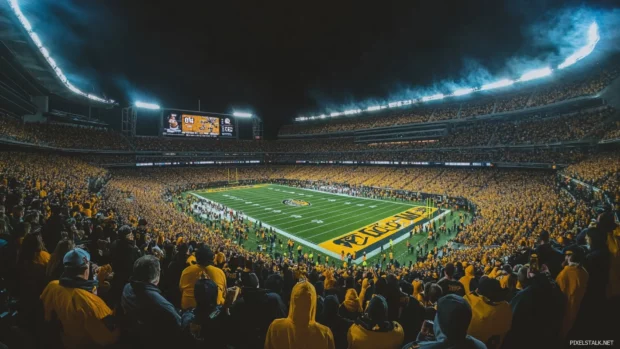Wide angle capture of a full stadium during playoffs.