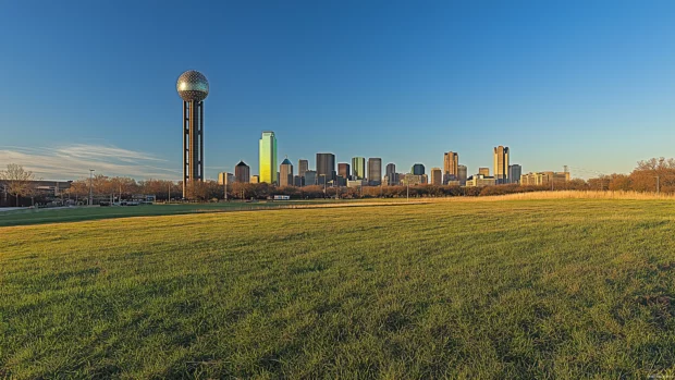 Wide angle shot of Dallas skyline with Reunion Tower and modern skyscrapers in golden hour light.