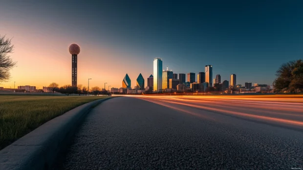Wide angle view of Dallas skyline with a focus on the iconic Reunion Tower and the sleek modern skyscrapers, captured in the golden hour light.