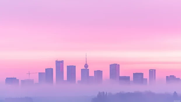 Wide city skyline with a pastel colored sky, minimal detail on buildings.