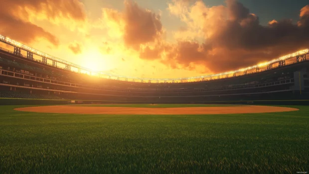 Wide view of a full baseball field during golden hour, Realistic baseball desktop wallpaper.