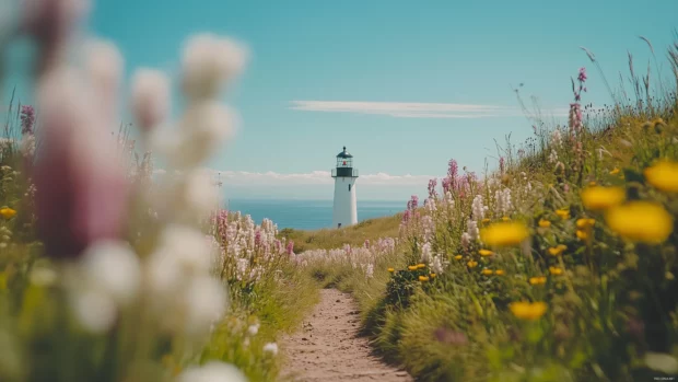 Wildflowers bloom around a lighthouse overlooking the sea.