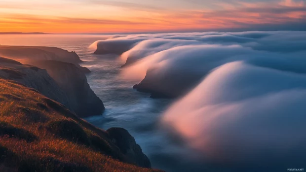 Windblown clouds dance in soft light as sunrise peaks over distant cliffs.