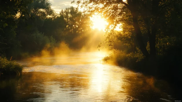 Winding river shimmering under sunrise light.