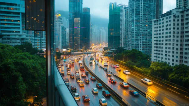 Window view of city traffic flowing in the rain.