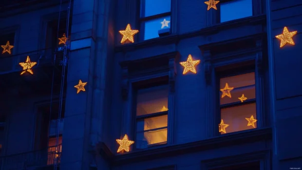 Windows glow like stars in the buildings of New York City.