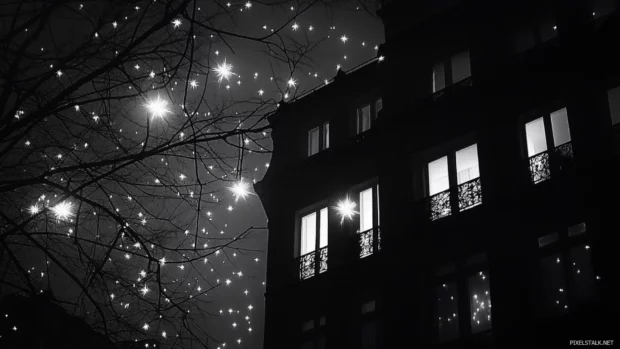 Windows shine like stars scattered throughout the sleeping dark city.
