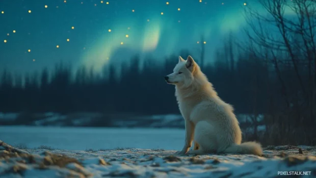 With a backdrop of northern lights, a lone white wolf sits quietly in a snowy valley.