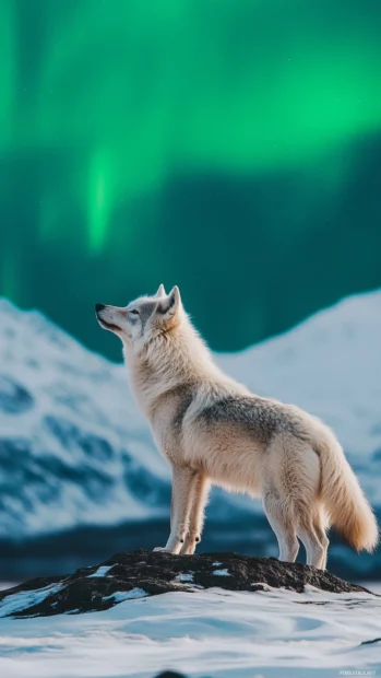 With a soft aurora sky behind, this peaceful blue wolf is ideal for a stunning wolf.