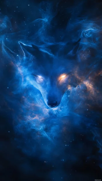 With eyes glowing softly, a blue wolf walks through mist and stars.