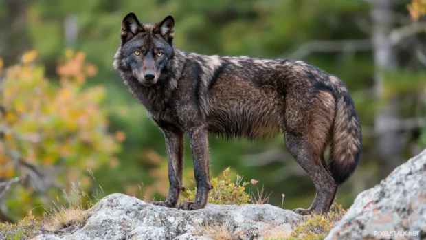 With fiery eyes and wind blown fur, the black wolf stands alone on a cliff.