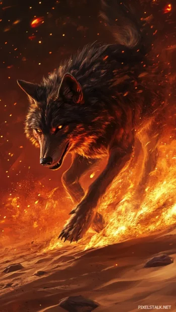 With fire sparks around its paws, a red toned wolf walks across a desert night.