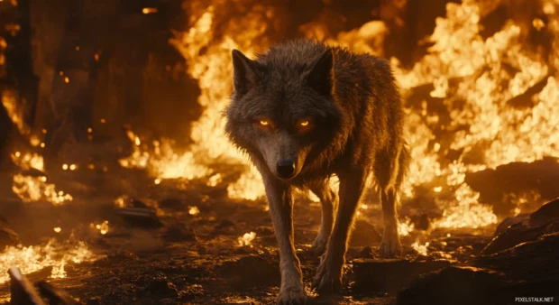 With fire surrounding its paws, the beast stands proud in this fiery wolf background.