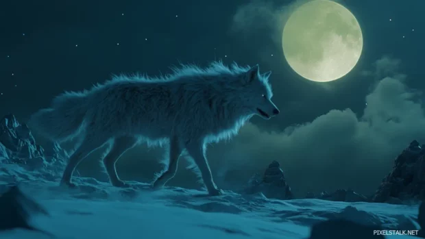 With fur blowing in the wind, a lone wolf howls under a full moon.