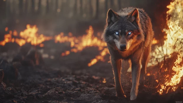 With glowing blue eyes and an intense stare, the wolf stands beside a river of fire.