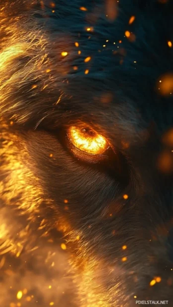 With glowing fur and ember eyes, a fantasy wolf stares into the void.