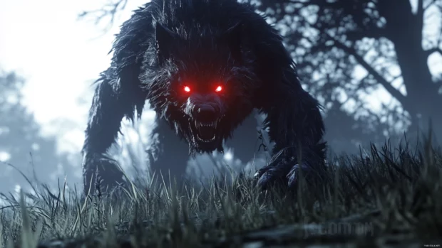 With glowing red eyes, the beast emerges from shadows in this dark wolf background.