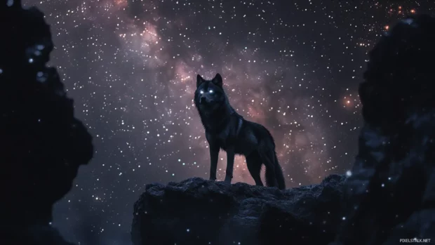 With its eyes glowing faintly, the creature stands on a cliff in this cosmic starry night wolf background.