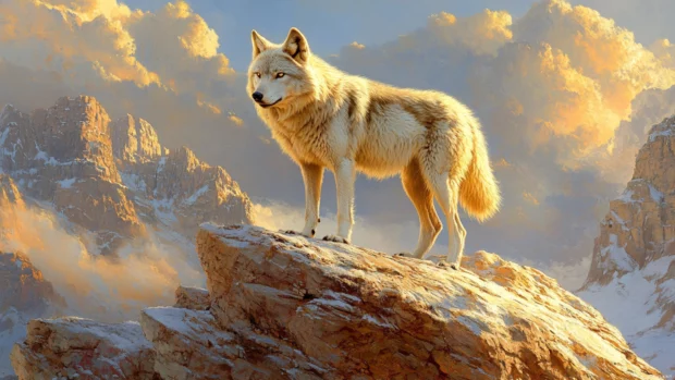 With its fur glowing in golden light, the wolf pauses on a high peak in this epic wolf wallpaper in the mountains.