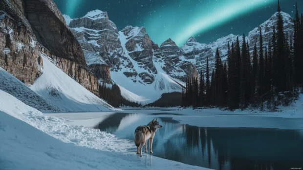 With its fur illuminated by northern lights, the wolf stands near a frozen lake.