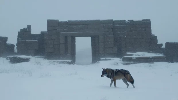 With no pack in sight, a lone wolf emerges from a snowstorm near ancient ruins.
